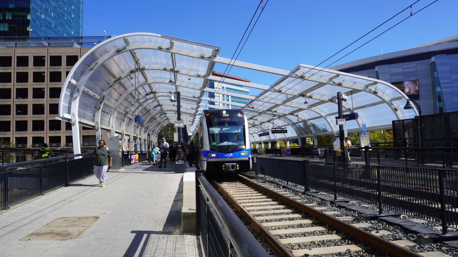 A blue line train in Charlotte
