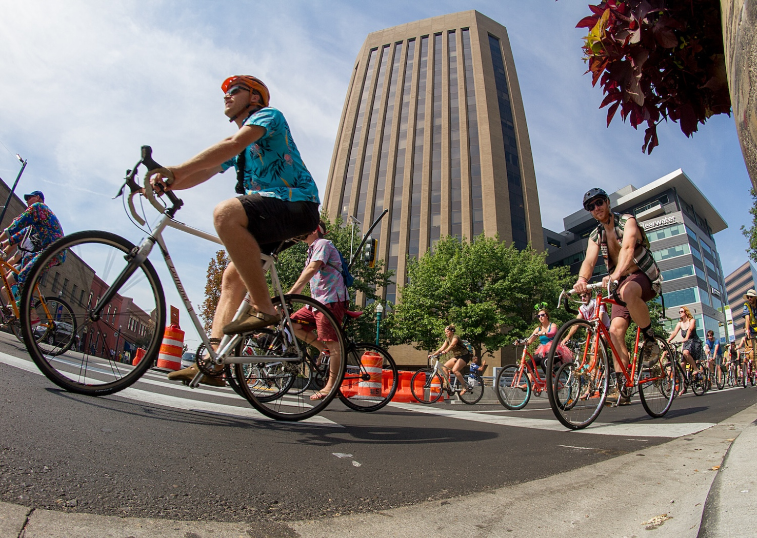 Group of bikers taking the corner during the Tour De Fat Bike Parade in Boise, Idaho