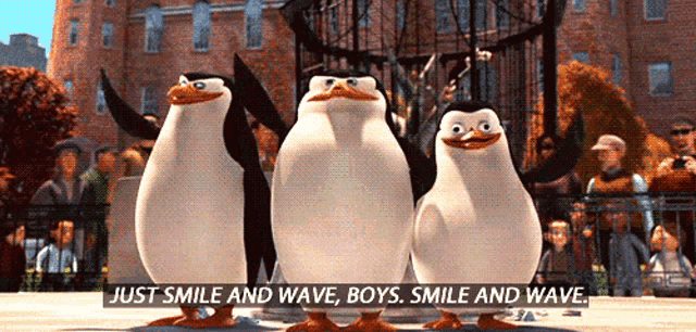 GIF of animated happy penguins.