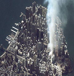 Lower Manhattan and the World Trade Center shortly after the attack.