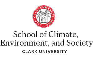 Clark University School of Climate, Environment, and Society logo with red circle banner and white and black text
