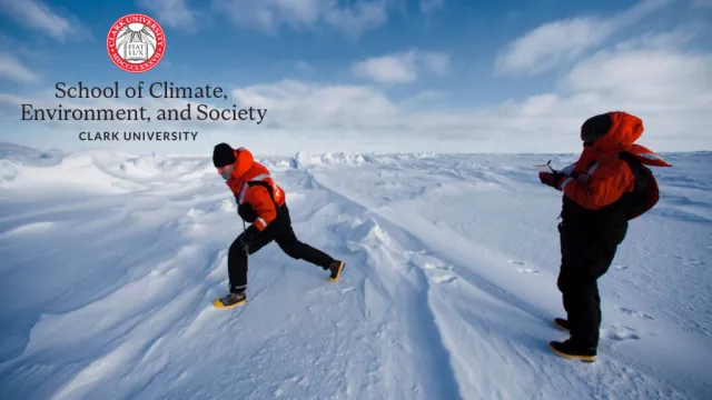 Image of two people out in the snow wearing red and black jackets and Clark University's logo in the upper left hand corner