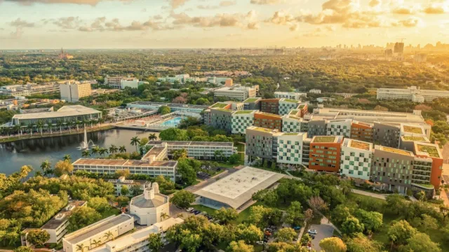 Image bird eye view of Miami with lots of greenery and modern buildings nearby a small body of water with a pier deck
