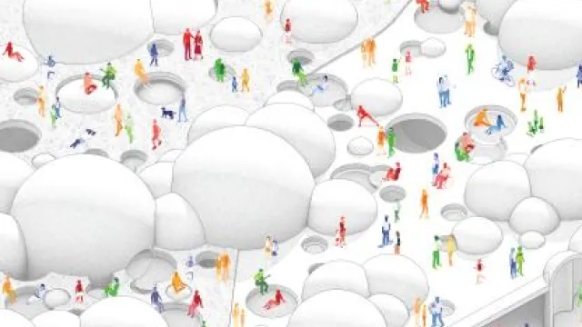 Master of Architecture small image of a white bubble snow like area with blue, red, yellow, and green people all over