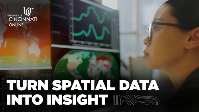 Image of a women staring at a computer screen with data maps displayed with bold white words saying "Turn Spatial Data Into Insight"