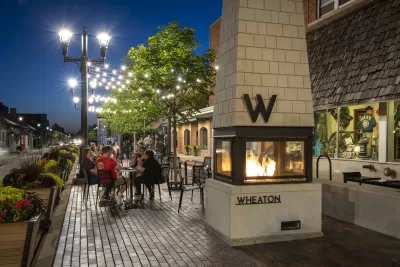 A public plaza along a main street in downtown Wheaton, Illinois.