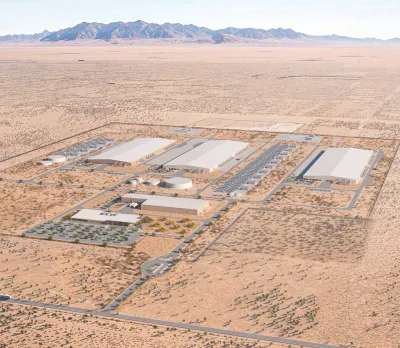 A rendering of Meta's proposed data center. We see the large gray buildings from above.