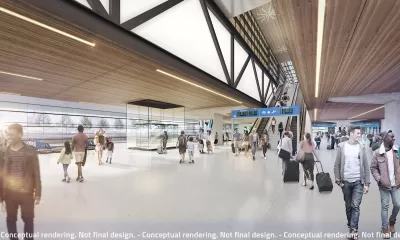 Rendering of busy concourse at Houston train station for Texas Central train.