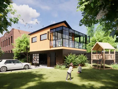 A rendering of an ADU above a garage. Two children play in the yard.