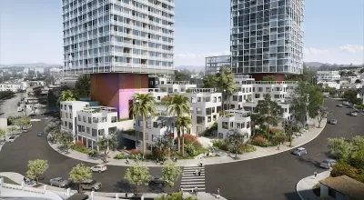 A conceptual rendering of a large development including two high-rises and several smaller buildings. 