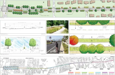 Diagram of proposed street redesign in Huntsville, Alabama with illustrations of new bike lanes and sidewalks. 