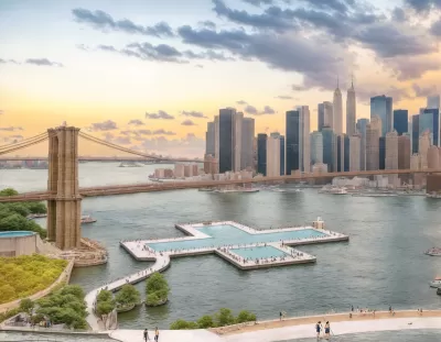 Rendering of plus-shaped floating pool next to Brooklyn Bridge in East River.