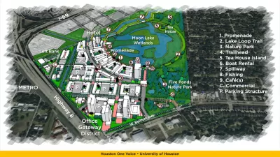 Rendering of mixed-use development with parks and stormwater retention on former Houston landfill site