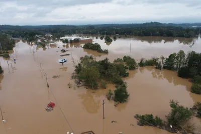Aerial of flood in neighborhood in Burke County, North Carolina.