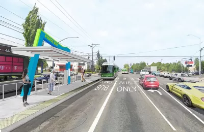 A conceptual rendering of a bus station station with two bus-only lanes running in the street.