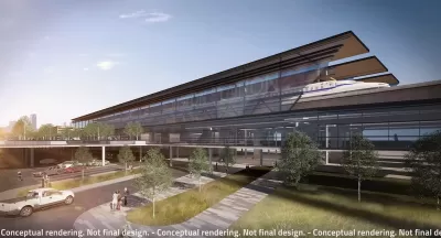 Rendering of proposed modern glass high-speed rail station in Houston, Texas.