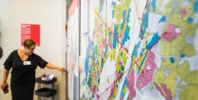 Close-up on map illustrating redlining at event commemorating 50th anniversary of Fair Housing Act.