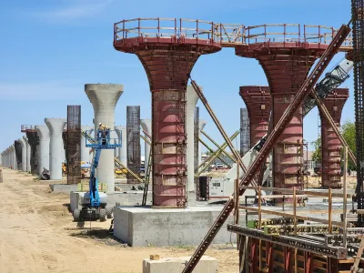 Steel pillars under construction as part of California High-Speed Rail project.