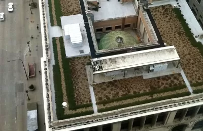 Aerial view of green roof on Chicago Cultural Center.