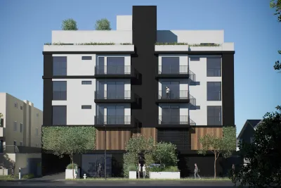 Rendering of four-story black and white modern apartment building in Los Angeles.