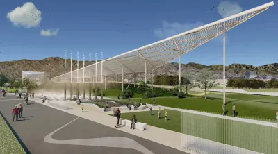 A rendering of the proposed green space, which has a white, triangular structure that provides shade, and small waterfalls.