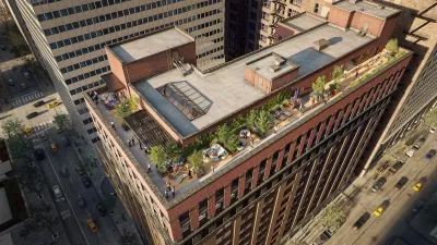 A birds-eye-view of the Bellwether, with a rendering of people relaxing on the roof.