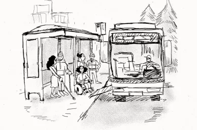 Line drawing of busy streetcar on city street.