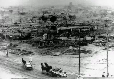 The image shows a portion of the African American neighborhood that was overrun by white rioters May 31-June 1, 1921. With force of numbers and superior weapons, they defeated the black defenders in a number of engagements.