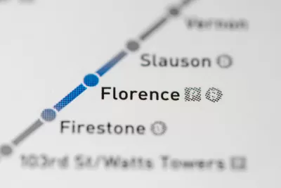 A map of the A Line in Los Angeles near where it passes the Florence Station.