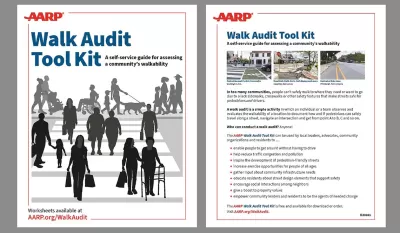 The cover of the AARP Walk Audit Tool Kit shows silhouettes of people crossing a street.
