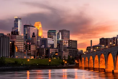 Sunset view of downtown Minneapolis, Minnesota skyline.