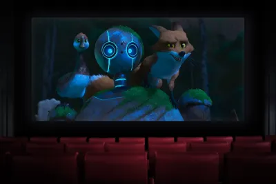 Screenshot of robot with fox and bird in The Wild Robot animated movie.