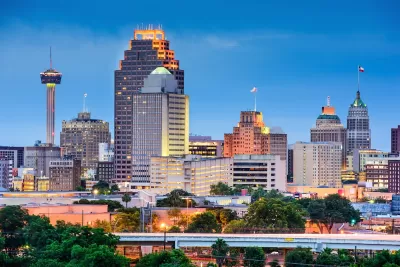 Downtown San Antonio, Texas skyline at dusk.
