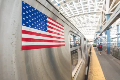 Close-up of American flag sticker on a silver subway train.