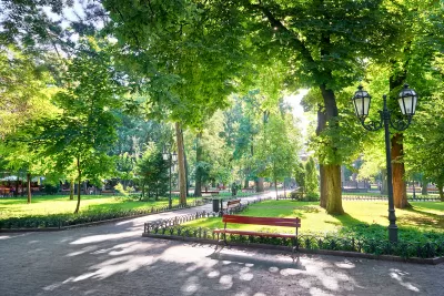 Paved walkways with wood benches in green city park with large trees.