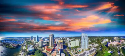Aerial view of downtown St. Petersburg, Florida at sunset.