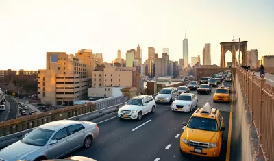 View of rush hour traffic on Brooklyn Bridge at golden hour.