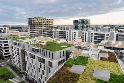 Aerial view of green roofs with plants in Sydney, Australia.