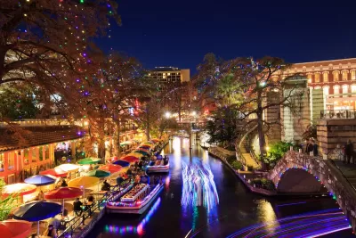 San Antonio Texas Riverwalk at christmas nighttime.