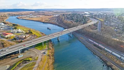 Aerial view of Snohomish River and I-5 bridge in Everett, Washington.