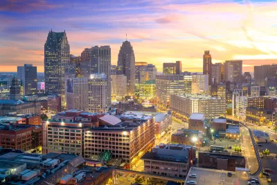 Aerial view of downtown Detroit, Michigan at twilight.
