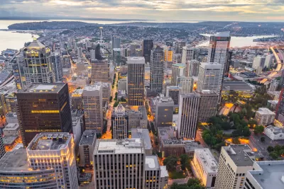 Aerial view of downtown Seattle, Washington at dusk.