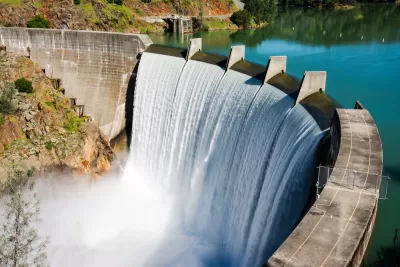 Water flowing over top of Englebright Dam in Northern California.