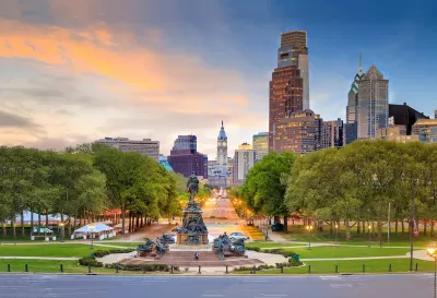 Aerial view of Philadelphia, Pennsylvania with statues.