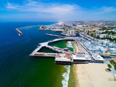 Aerial view of Redondo Beach Pier in Redondo Beach, California on the Pacific Ocean.