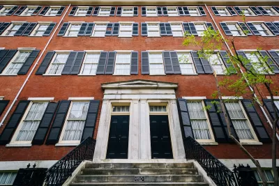 Historic brick buildings along Spruce Street in Washington Square West, Philadelphia, Pennsylvania.