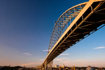 View from underneath Fremont Bridge in Portland, Oregon over Willamette River.