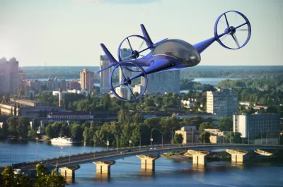 3D rendering of blue flying car over a cityscape and buildings, a river, and bridges in the background.