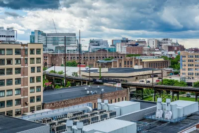High view of buildings in University City district in Phialdelphia, Pennsylvania.