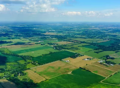 Aerial view of farmland patchwork in Toronto, Ontario, Canada